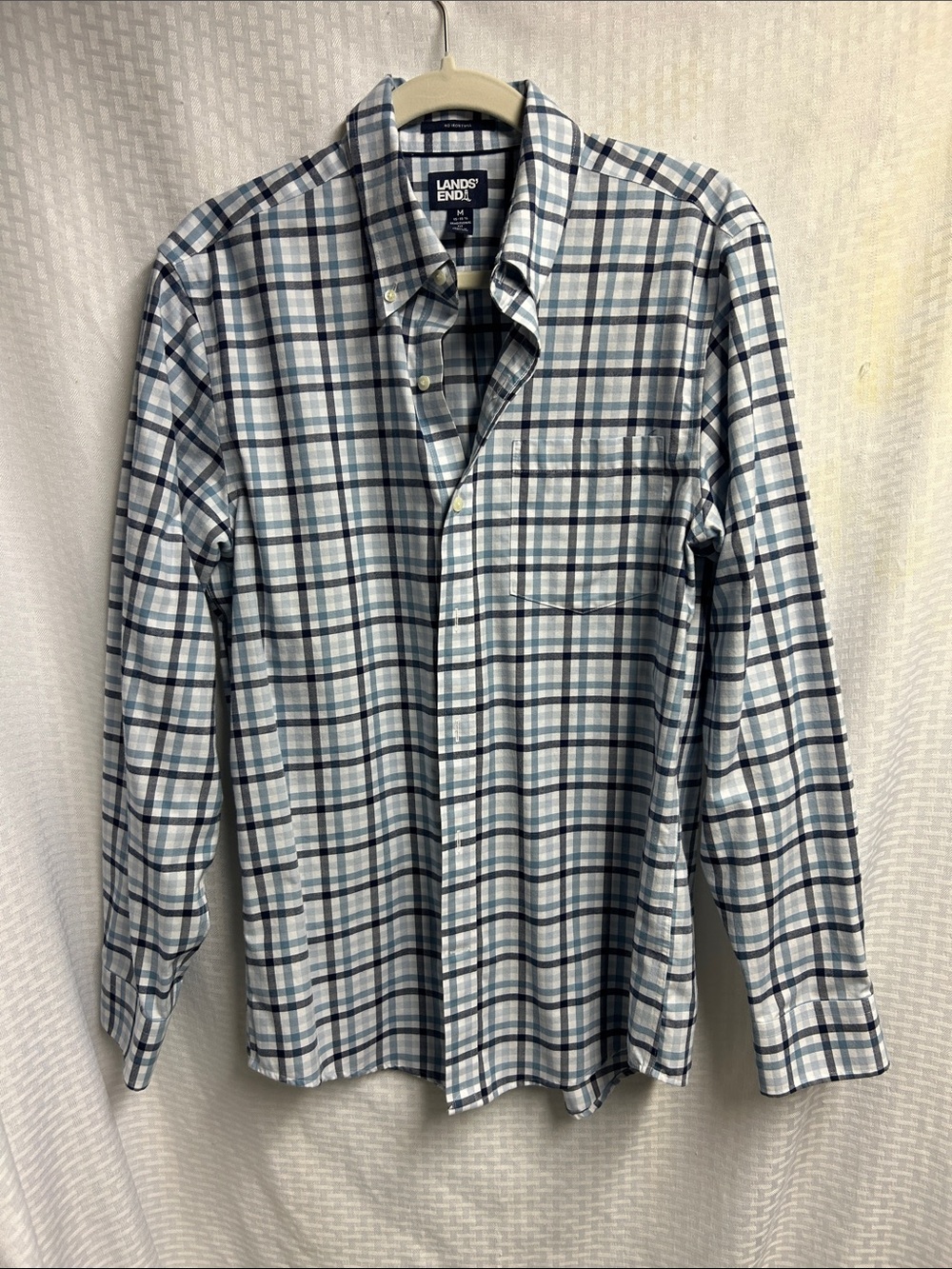 Lands' End Men's White and Blue Plaid Button-Down Shirt
